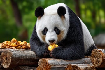 Fototapeta premium A giant panda on logs, intently eating a snack, with green foliage.