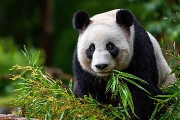 Obraz premium A stunning close-up of a giant panda eating fresh bamboo in a vibrant forest.