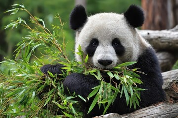 Obraz premium A captivating giant panda eating fresh bamboo, with an intense gaze, in a natural habitat.