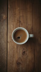 Cup of coffee top view on wooden table in warm tones, with copy space