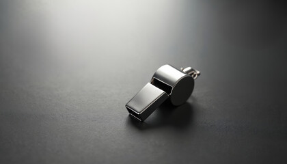 Shiny metal whistle isolated on dark surface. Sport equipment used by referees coaches for signaling. Essential tool for games and training.