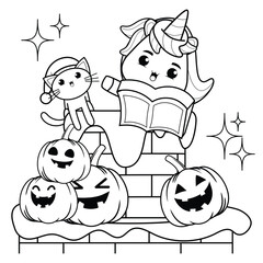 Cute Unicorn-Cat and Kitten Reading Story by Halloween Pumpkins