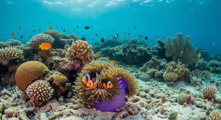 Underwater coral reef ecosystem with clownfish and diverse marine life