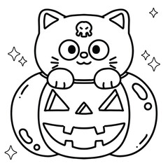 Cute Halloween Cat in Jack-o'-Lantern Pumpkin Line Art