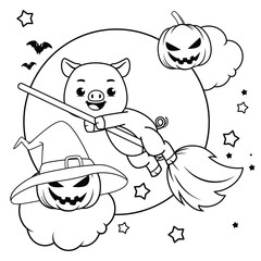 Adorable Pig Witch Flying on a Broomstick for Halloween