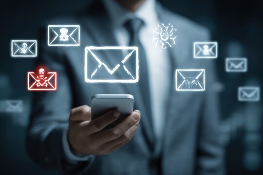 Cybersecurity Email Phishing Scam Risk Notification Digital Communication Safety Alert Virus Threat Malware Detection and Protection With Red Alert on Mobile Device
