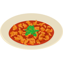 A Bowl of Stew with Garnish on a Plate in Flat Design Style Featuring Rich Red Sauce and Chunks of Meat with Green Herbs on Top Isolated on Transparent Background