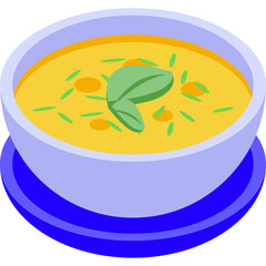 A Bowl of Vibrant Yellow Soup Garnished with Green Herbs and a Single Leaf on a Blue Saucer Isolated on a Transparent Background
