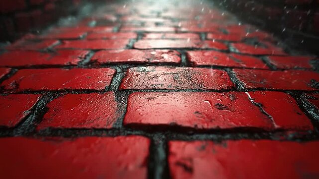 A detailed shot of a red brick sidewalk with individual bricks and texture