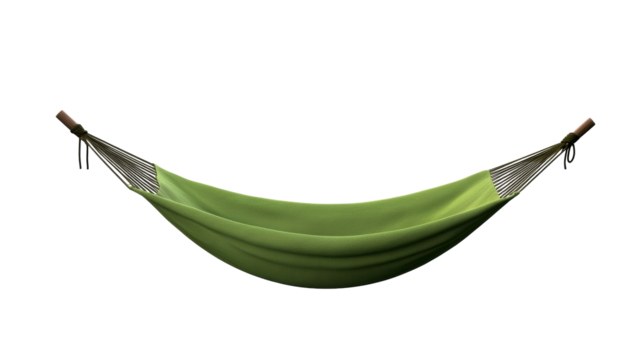 Green Fabric Hammock with Wooden Spreader Bars on White, cut out transparent