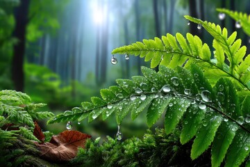 Vibrant green fern leaves with glistening dew drops in a lush, misty forest landscape.