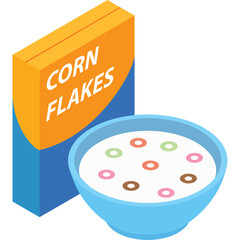 A Box of Corn Flakes Cereal Next to a Blue Bowl Filled With Colorful Corn Flakes and Milk Isolated on a Transparent Background