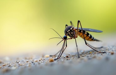 Fototapeta premium Close up macro photo of mosquito insect. Pest bug with striped black, white body stands on rough ground surface. Gnat spreads dangerous virus disease infection. Tiny animal parasite searching for