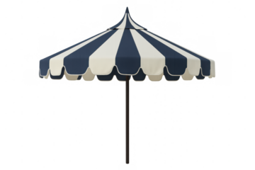 Outdoor striped beach umbrella providing sunshade, scalloped canopy for sunny day protection, transparent background