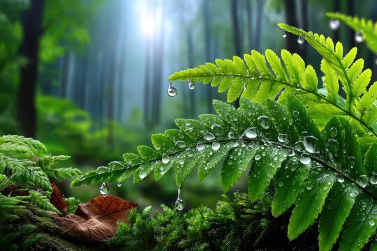 Vibrant green fern leaves with glistening dew drops in a lush, misty forest landscape.