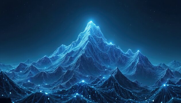 Digital mountain range forms network landscape. Glowing nodes connect across abstract peaks. Cyber world visual shows data flow, tech growth, innovation concept. AI network illustration represents