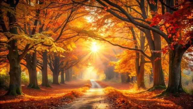 Sunlight streams through a vibrant autumn forest path lined with trees ablaze in fiery orange and red foliage creating a magical and breathtaking natural spectacle - Powered by Adobe