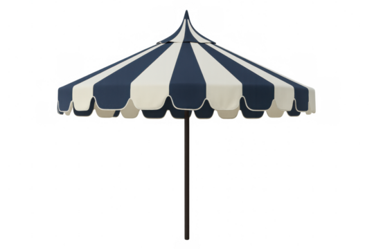 Outdoor striped beach umbrella providing sunshade, scalloped canopy for sunny day protection, transparent background