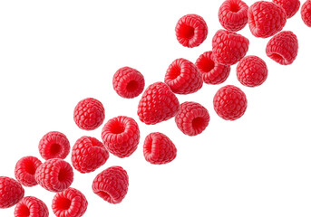 Fresh Ripe Red Raspberries Falling and Scattering Isolated on White Background, Vibrant and Healthy Berries in Motion