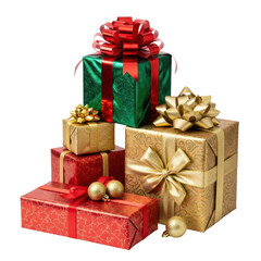 Fototapeta premium Holiday presents: A visually captivating composition features an assortment of beautifully wrapped gifts, showcasing vibrant colors, elegant ribbons, and a sense of festive cheer.