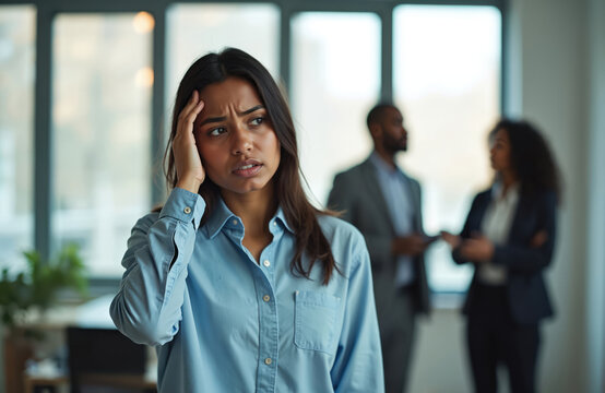 Upset woman holds head in office. Colleagues talk behind her back, causing distress and workplace conflict. Feeling excluded and stressed at work.