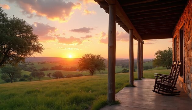 Stone house porch features wooden rocking chairs. Warm sunset glows over vast green rolling hills. Peaceful rural landscape unfolds with many trees, expansive fields. Golden light fills entire