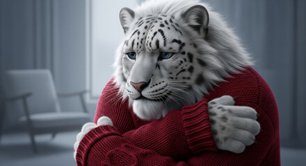 Melancholy photographic style portrait of an anthropomorphic snow leopard in a red sweater feeling cold