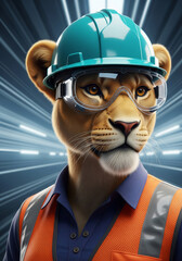 Professional photographic style portrait of an anthropomorphic lioness engineer in a hard hat and safety goggles