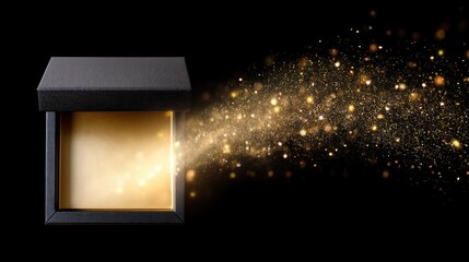 Black gift box emitting a stream of golden sparkles and light against a dark background, creating a magical and enchanting atmosphere