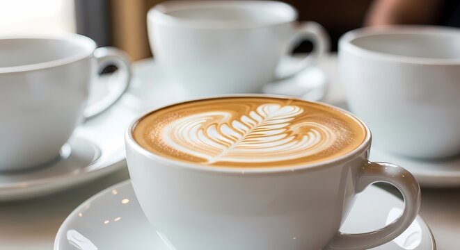 Close up view of a perfectly crafted latte with foam art surrounded by empty coffee cups ready for a morning coffee break or cafe ambiance