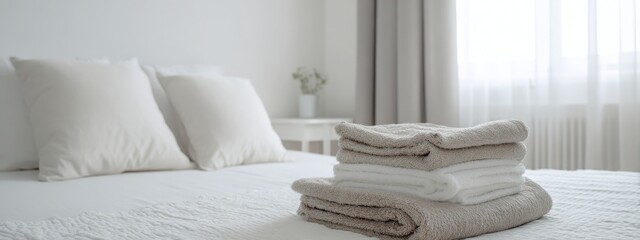 Soft beige blanket neatly folded on a freshly made white bed in a minimal modern bedroom with clean pillows and natural light