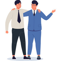 Two Men In Business Attire Standing Together Arm In Arm On White Background Casual Conversation