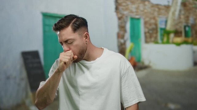 Young man standing outdoors on a city street in casual white shirt with a pensive expression holding his chest, surrounded by blurred urban scenery.