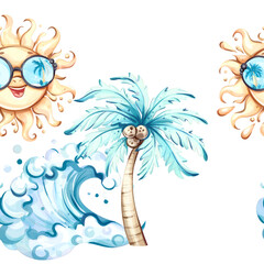 Bright summer seamless pattern featuring cheerful sun, palm trees, and waves for vibrant backgrounds and wallpapers perfect for holiday decorations and beach themed designs