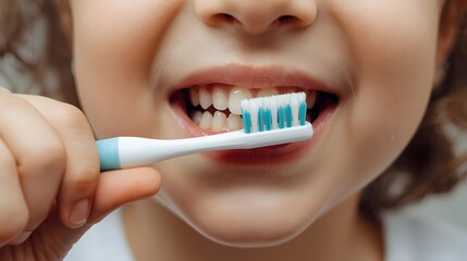 Smiling kid with toothbrush near mouth, soft blurred setting.