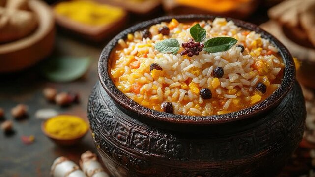 A close-up shot of a bowl of food placed on a table