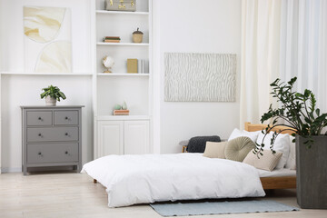 Beautiful room with comfortable bed. Interior design