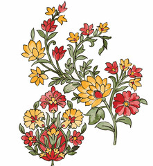 Hand drawm watercolor botanical flower branch isolated on white background. small flowers with tropical leaves. small flower arrangements. colorful floral elements.