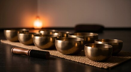Multiple gold singing bowls with a mallet on a woven mat. Sound healing and meditation tools concept for yoga and relaxation.