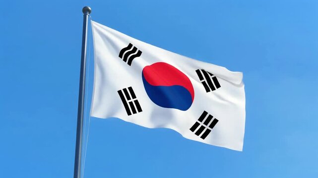 South Korean flag (Taegeukgi) with red-blue yin-yang symbol and four black trigrams on white background, symbolizing balance and harmony.