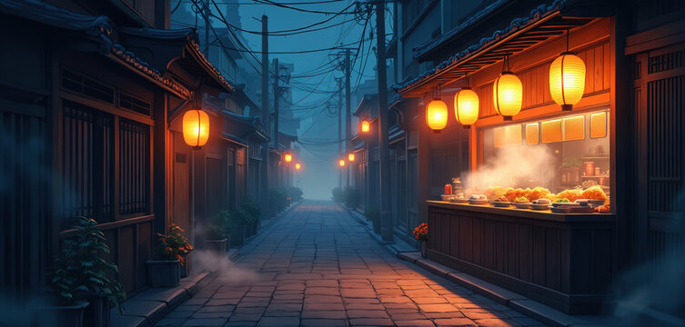Dark Japanese street alley at night. Warm glowing lanterns illuminate traditional buildings, cozy street food stall. Steam rises from delicious hot meals ready to eat. Paved path leads through mystic