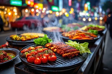 A tempting selection of Asian street food, featuring grilled meats and vegetables, beautifully presented on black platters in a vibrant street setting, illuminated by bokeh lights.