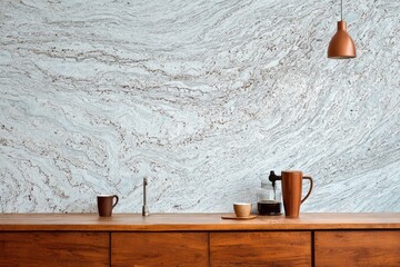 Obraz premium Modern kitchen counter with patterned wall and coffee setup.