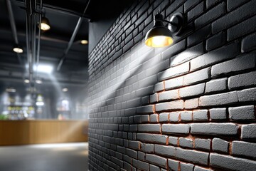 Illuminated black brick wall with a wall lamp, creating a dramatic contrast of light and shadow, background with blurry bar interior and soft light beams.