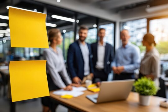 A diverse group of professionals collaborating in a modern office, marked by creative notes displayed on glass walls, symbolizing teamwork and innovative problem-solving. - Powered by Adobe