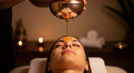 Woman receiving ayurvedic shirodhara treatment. Ayurvedic oil therapy for relaxation and stress relief in a luxurious spa setting. Holistic wellness concept.