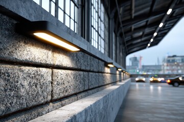 Fototapeta premium A perspective view of a gray stone wall with modern lighting fixtures illuminating a covered outdoor space at dusk, with cars and city buildings in soft focus in the background.