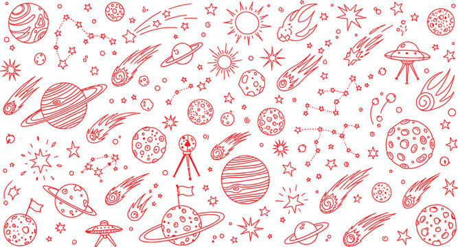 cosmic pattern vector, red line art illustration with planets stars and UFOs for playful creative and fantasy design projects