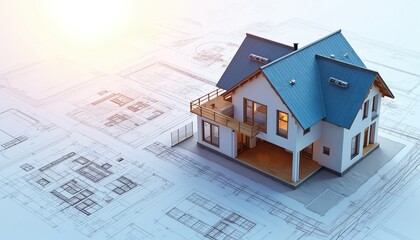 Model house sits on architectural blueprints. Building plans for new residential construction, design, and planning. Effective home project development.