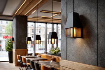 Close up of elegant black lantern lamp on a wall inside of a modern restaurant, with wooden trim, with other lamps hanging over tables, and a blurred city background.